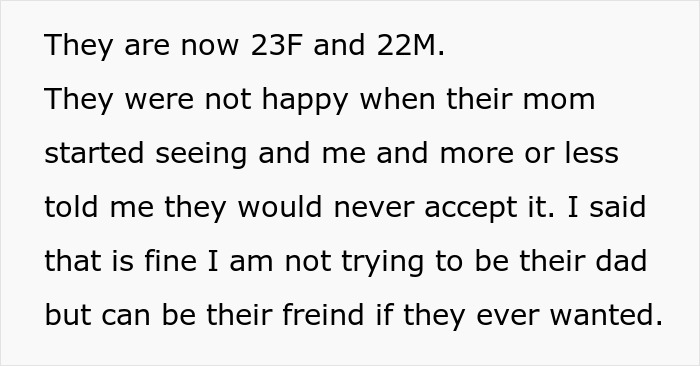 Text excerpt discussing stepkids aged 23 and 22 showing indifference toward stepdad and inheritance conflict. Text excerpt discussing stepkids aged 23 and 22 showing indifference toward stepdad and inheritance conflict.