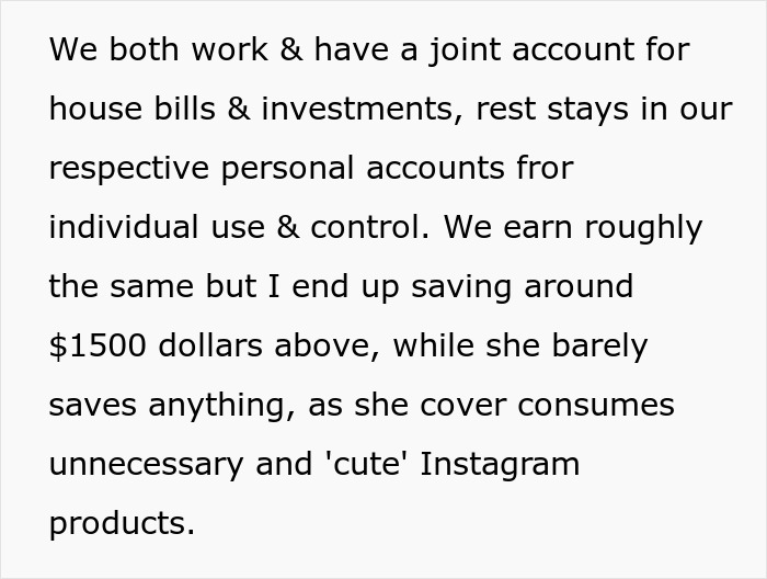 Text excerpt discussing a husband and wife’s joint and personal accounts related to money and spending habits. Text excerpt discussing a husband and wife’s joint and personal accounts related to money and spending habits.