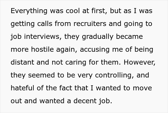 Text about mother poisoned me story, describing controlling and hostile behavior during job search and interviews. Text about mother poisoned me story, describing controlling and hostile behavior during job search and interviews.