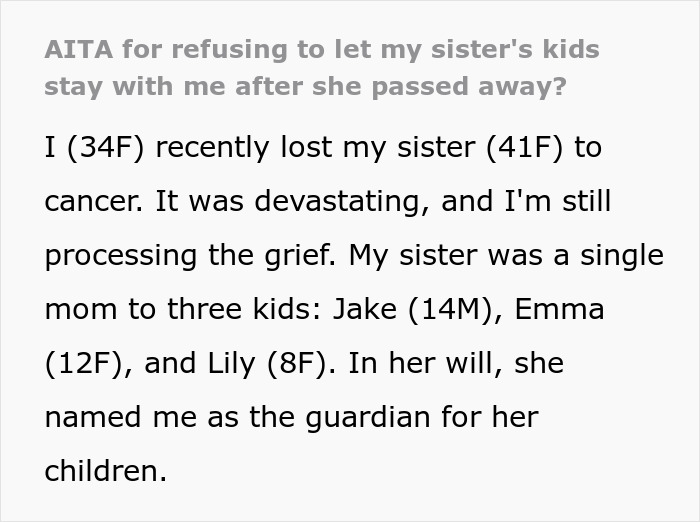 Text excerpt discussing a woman’s life upended after her late sister’s dying wish involving children and guardianship. Text excerpt discussing a woman’s life upended after her late sister’s dying wish involving children and guardianship.