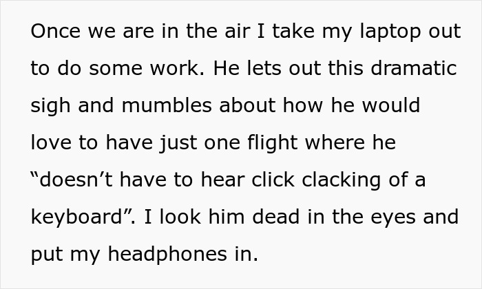 Text describing a woman’s first class flight disrupted by a rude old man while she works on her laptop. Text describing a woman’s first class flight disrupted by a rude old man while she works on her laptop.
