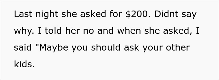 Text excerpt about a sibling refusing support and suggesting to ask other siblings for financial help. Text excerpt about a sibling refusing support and suggesting to ask other siblings for financial help.