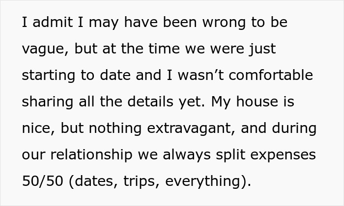 Text excerpt about splitting expenses 50/50 in a relationship, focusing on man insisting on 50/50 house ownership. Text excerpt about splitting expenses 50/50 in a relationship, focusing on man insisting on 50/50 house ownership.