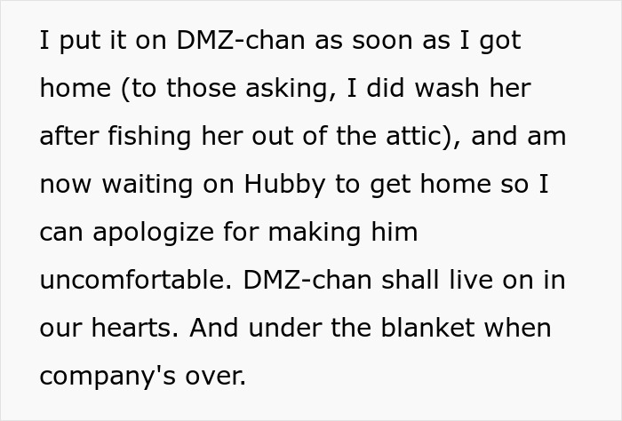Text message about putting DMZ-chan anime pillow on bed, waiting to apologize to husband, and keeping pillow under blanket. Text message about putting DMZ-chan anime pillow on bed, waiting to apologize to husband, and keeping pillow under blanket.