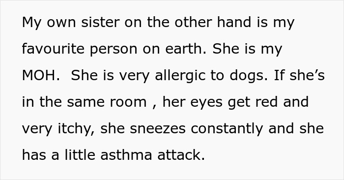 Text explaining bride refusing sister-in-law’s service dog at wedding due to maid of honor’s severe dog allergy.