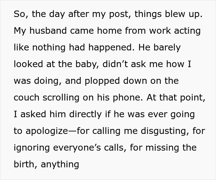 Text excerpt describing a husband ignoring his baby and not apologizing after calling his pregnant wife disgusting. Text excerpt describing a husband ignoring his baby and not apologizing after calling his pregnant wife disgusting.