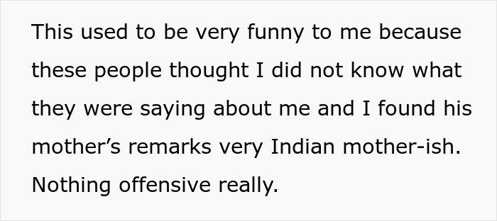 Text discussing husband parents native language and understanding subtle cultural remarks from an Indian mother. Text discussing husband parents native language and understanding subtle cultural remarks from an Indian mother.