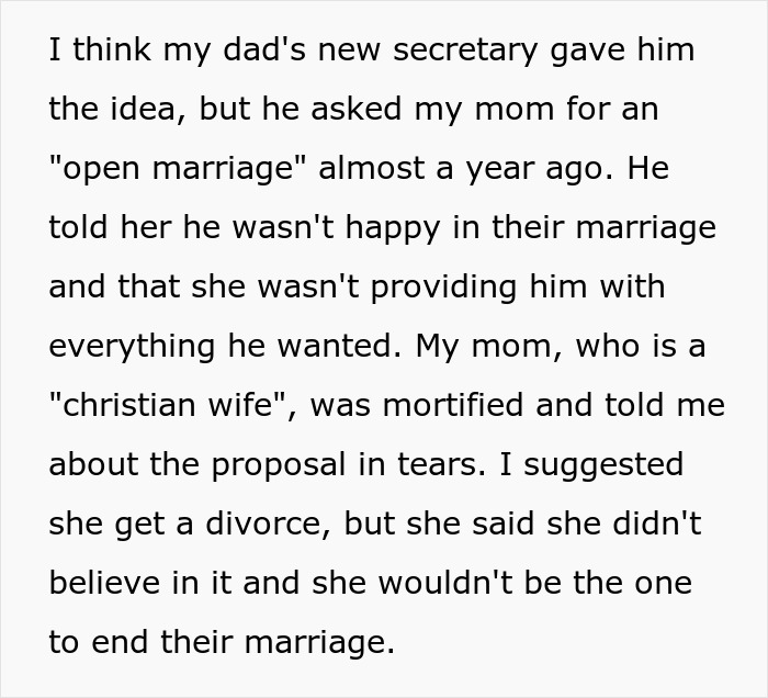 Text excerpt describing a dad wanting an open marriage and his wife’s emotional reaction as a Christian wife. Text excerpt describing a dad wanting an open marriage and his wife’s emotional reaction as a Christian wife.