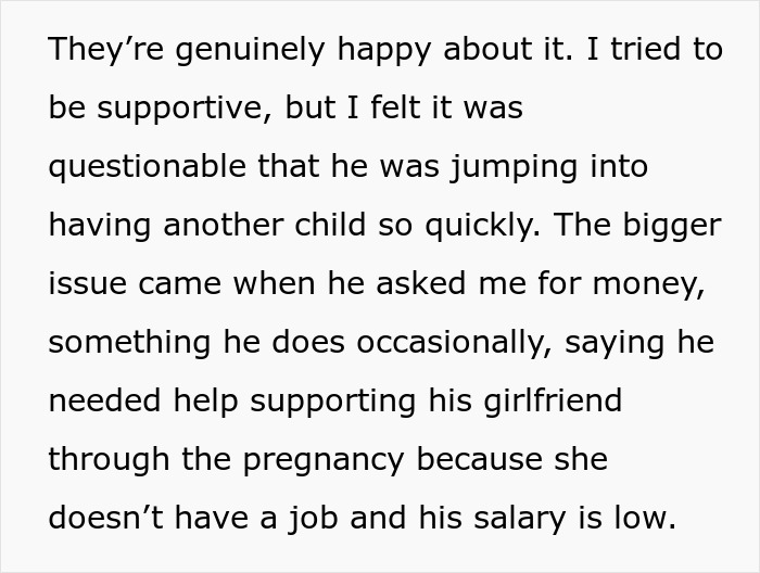 Text excerpt about man asking stepbrother for financial support for his pregnant girlfriend, causing drama.