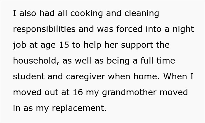 Text excerpt about taking care of family, siblings refusing support to their mother, and caregiving responsibilities at a young age. Text excerpt about taking care of family, siblings refusing support to their mother, and caregiving responsibilities at a young age.