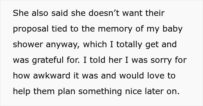 Text excerpt about a woman shutting down her brother’s proposal at her baby shower, expressing gratitude and awkwardness. Text excerpt about a woman shutting down her brother’s proposal at her baby shower, expressing gratitude and awkwardness.