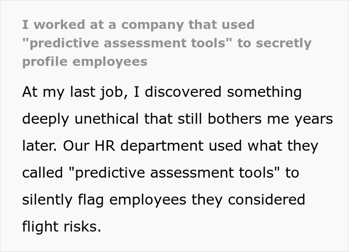 Text excerpt about employee getting sidelined after HR used predictive assessment tools for corporate spying on staff.