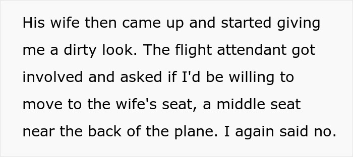 Text excerpt describing flight drama involving a passenger refusing to swap seats during journey. Text excerpt describing flight drama involving a passenger refusing to swap seats during journey.