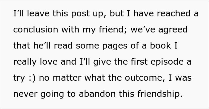 Text showing a discussion about refusing to watch an autistic friend’s show recommendation while valuing the friendship. Text showing a discussion about refusing to watch an autistic friend’s show recommendation while valuing the friendship.