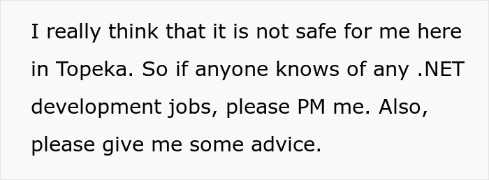 Text expressing concern about safety in Topeka, requesting .NET development jobs and advice related to mother-poisoned-me. Text expressing concern about safety in Topeka, requesting .NET development jobs and advice related to mother-poisoned-me.