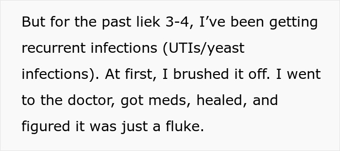 Text about recurrent infections and partner’s refusal of testing, causing reconsideration of marriage plans. Text about recurrent infections and partner’s refusal of testing, causing reconsideration of marriage plans.