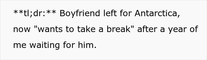 Text message screenshot discussing boyfriend leaving for Antarctica and wanting to take a break, related to long-distance romance scandal. Text message screenshot discussing boyfriend leaving for Antarctica and wanting to take a break, related to long-distance romance scandal.