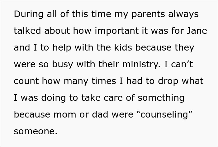 Text excerpt about parents making son raise younger siblings while they focused on ministry and counseling others.
