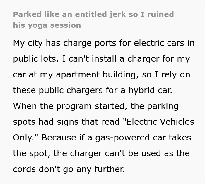 Man parks car in EV charging spot, disrupting electric vehicle charging access, facing consequences after yoga session. Man parks car in EV charging spot, disrupting electric vehicle charging access, facing consequences after yoga session.