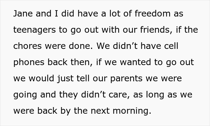 Text about teenage freedom and chores, reflecting on parenting and family responsibilities with younger siblings.