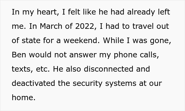 Text describing a woman upset with a cheater ex who ignored calls and deactivated home security systems. Text describing a woman upset with a cheater ex who ignored calls and deactivated home security systems.