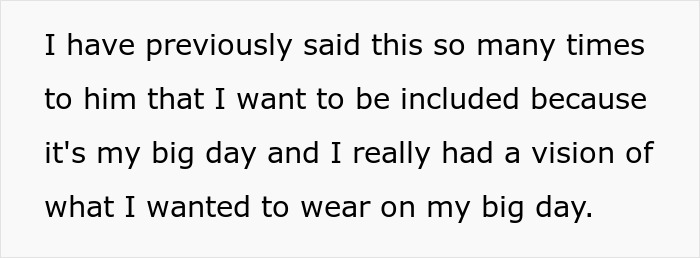 Text excerpt expressing frustration about being excluded from dress shopping and wanting to be included on a big day. Text excerpt expressing frustration about being excluded from dress shopping and wanting to be included on a big day.