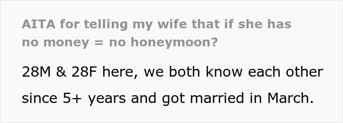 Text post about husband telling wife no money means no honeymoon, discussing expectations and paying for tickets. Text post about husband telling wife no money means no honeymoon, discussing expectations and paying for tickets.