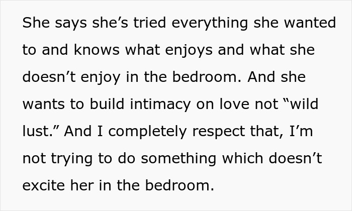 Text excerpt discussing a wife's intimacy boundaries and her preference to build love-based intimacy over wild lust. Text excerpt discussing a wife's intimacy boundaries and her preference to build love-based intimacy over wild lust.