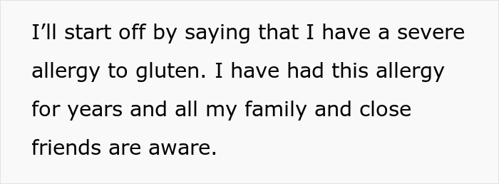 Text excerpt describing a severe gluten allergy with family and friends fully aware, highlighting allergic DIL concerns. Text excerpt describing a severe gluten allergy with family and friends fully aware, highlighting allergic DIL concerns.