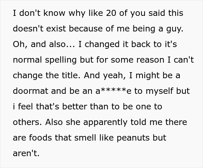Text excerpt discussing a serial food thief with peanut allergy and issues around stolen roomie's dinner and blame. Text excerpt discussing a serial food thief with peanut allergy and issues around stolen roomie's dinner and blame.