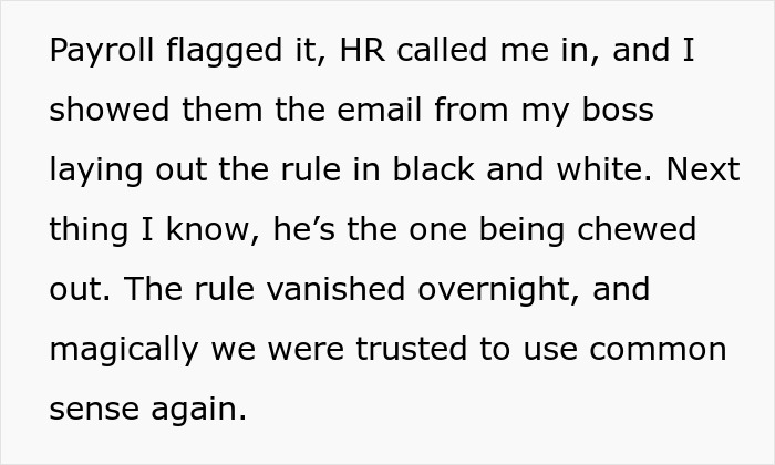 Text excerpt about employee clocking out for breaks leading to HR intervention and the rule being revoked.