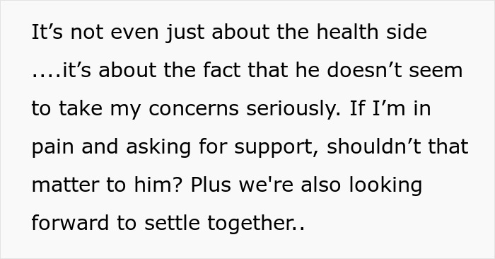 Text discussing partner being prone to infections and lack of support causing reconsideration of marriage plans in a relationship. Text discussing partner being prone to infections and lack of support causing reconsideration of marriage plans in a relationship.