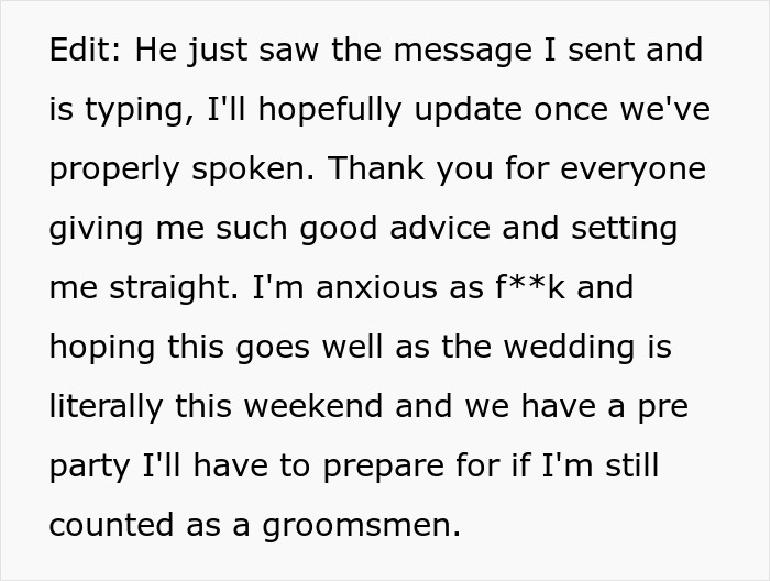 Groom kisses best friend at bachelor party, causing angry bride to ban him from wedding over secret incident. Groom kisses best friend at bachelor party, causing angry bride to ban him from wedding over secret incident.