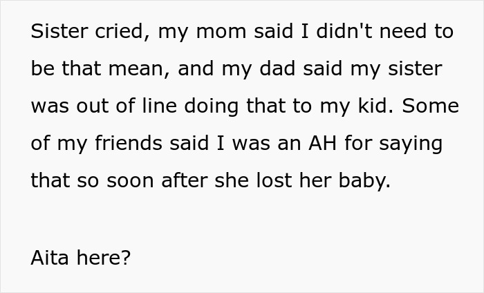 Text excerpt discussing a sister who had a miscarriage and enforces strict gender roles on a sibling’s child. Text excerpt discussing a sister who had a miscarriage and enforces strict gender roles on a sibling’s child.
