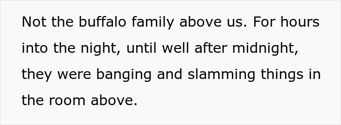 Text describing hotel guests causing noise disturbance late at night, highlighting lack of civic sense and neighbor complaints.