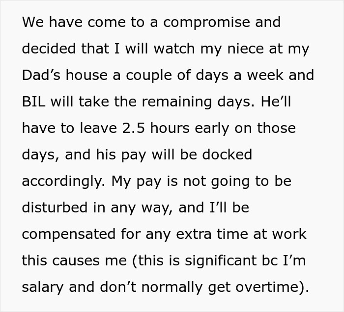Compromise reached where 40YO aunt watches niece part-time, ensuring fair pay and no unpaid free sitting for family. Compromise reached where 40YO aunt watches niece part-time, ensuring fair pay and no unpaid free sitting for family.