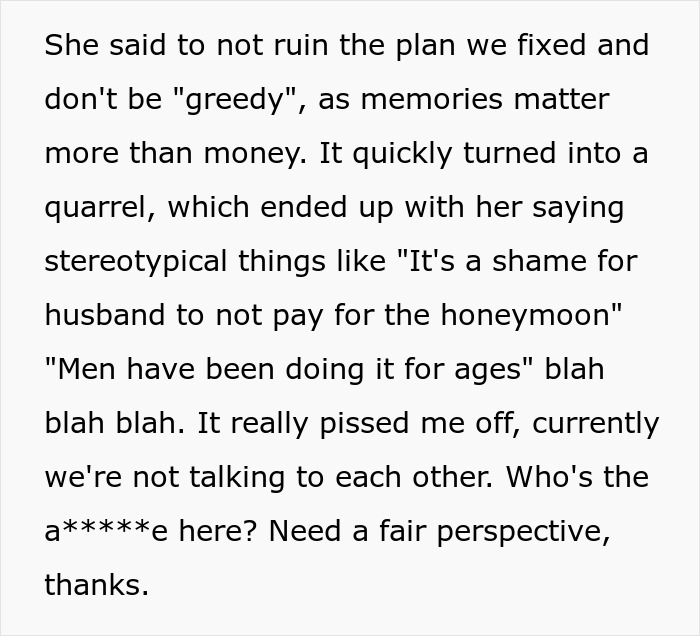 Text discussing a quarrel about honeymoon expenses where the husband refuses to pay for both tickets. Text discussing a quarrel about honeymoon expenses where the husband refuses to pay for both tickets.