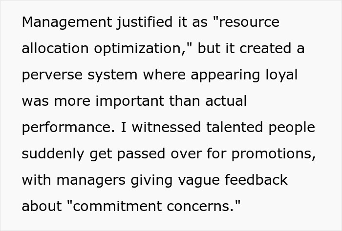 Employee gets sidelined at work due to corporate spying on staff, facing vague feedback and missed promotions despite talent.
