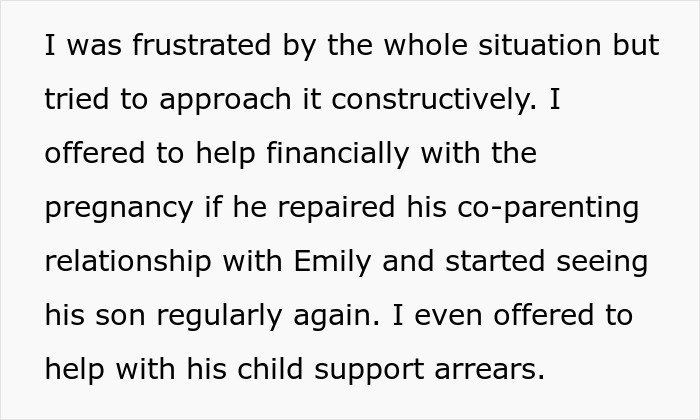 Text excerpt about a man offering financial support for his pregnant girlfriend amid family drama involving a stepbrother.