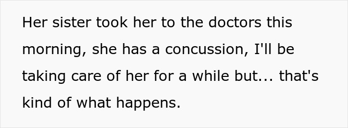 Text on a white background describing a concussion after a sister&rsquo;s cruel joke leads to a family dinner brawl.