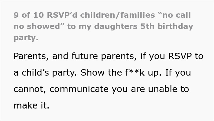 Father blasts parents who promised to come but didn’t show up to his daughter’s birthday party message screenshot. Father blasts parents who promised to come but didn’t show up to his daughter’s birthday party message screenshot.