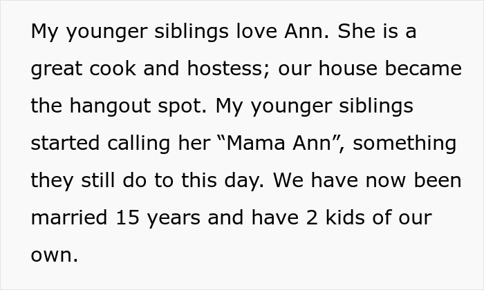 Text about younger siblings calling Ann Mama Ann after parents made son raise his 7 younger siblings and family life.