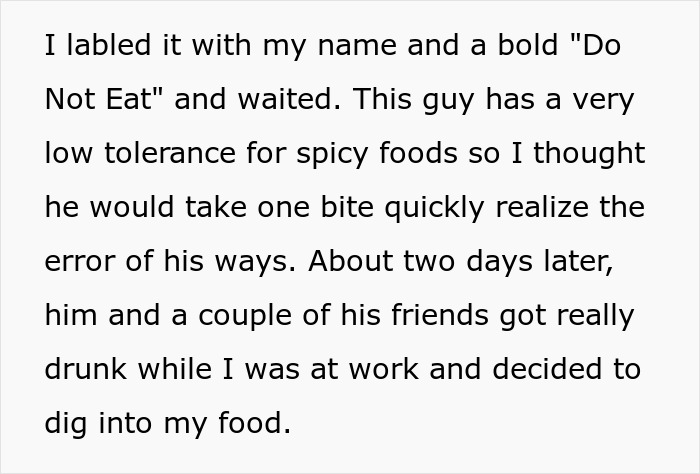 Text describing a roommate stealing leftovers, and a spicy habanero cake used to teach a lesson about food theft.