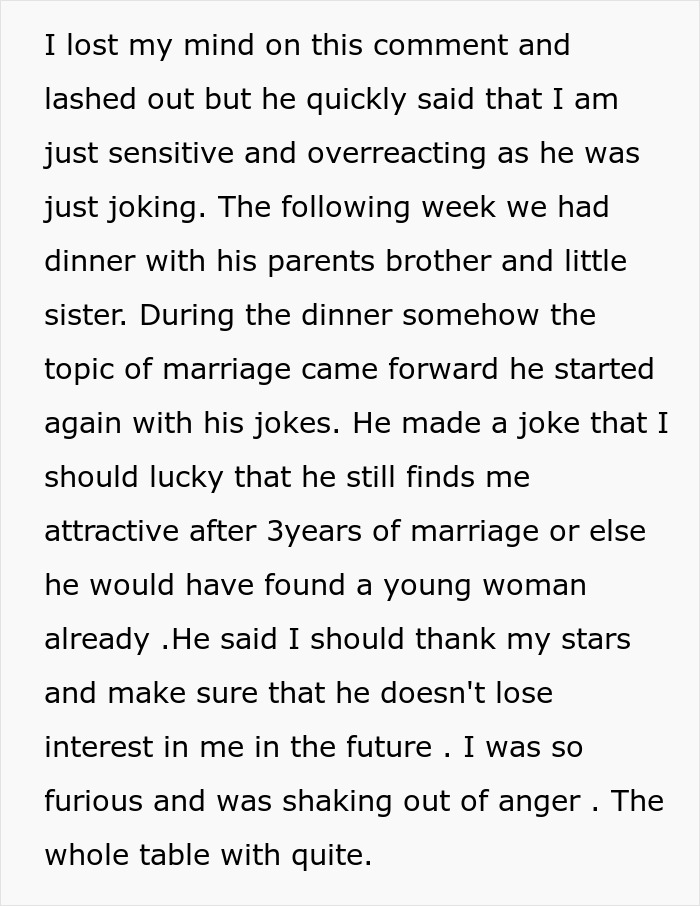 Text excerpt showing a man joking about trading his wife for a younger woman, with family dinner tension and marriage topics. Text excerpt showing a man joking about trading his wife for a younger woman, with family dinner tension and marriage topics.