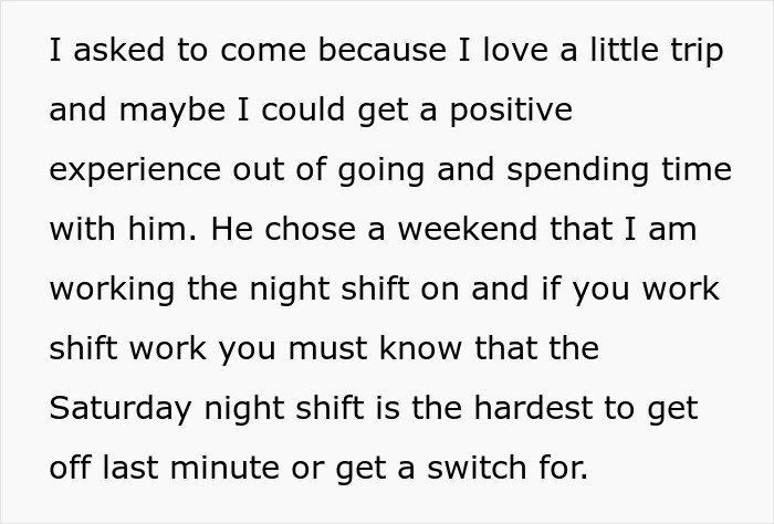Text excerpt discussing challenges with a weekend night shift, highlighting prioritizing plans and family time conflicts. Text excerpt discussing challenges with a weekend night shift, highlighting prioritizing plans and family time conflicts.
