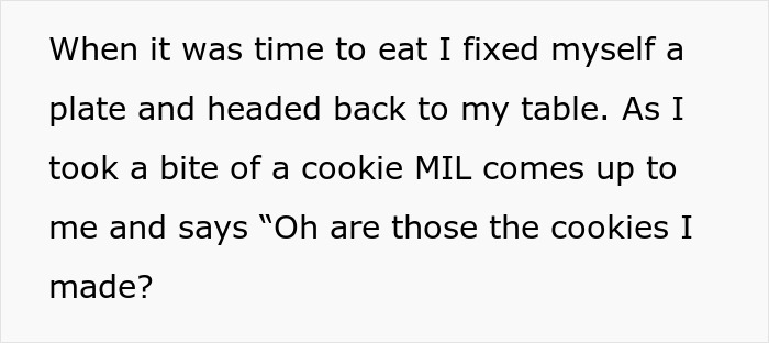 Text excerpt showing a person recounting MIL asking about cookies at a baby shower with allergy-safe food and gluten treats mixed. Text excerpt showing a person recounting MIL asking about cookies at a baby shower with allergy-safe food and gluten treats mixed.
