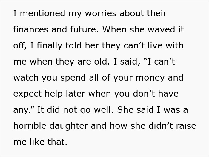 Text about discussing worries on finances and the mom retirement plan causing conflict between mother and daughter. Text about discussing worries on finances and the mom retirement plan causing conflict between mother and daughter.
