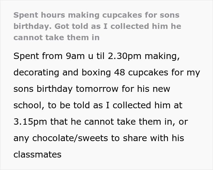 Mom spends hours baking cupcakes for son’s birthday but school forbids bringing treats to share with classmates. Mom spends hours baking cupcakes for son’s birthday but school forbids bringing treats to share with classmates.