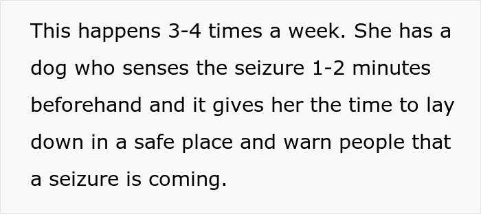 Text about a seizure alert service dog sensing seizures minutes before and providing warning for safety.