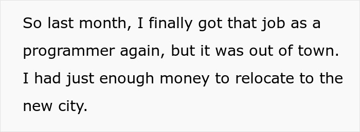 Text excerpt describing a person relocating for a new programmer job, related to mother-poisoned-me story. Text excerpt describing a person relocating for a new programmer job, related to mother-poisoned-me story.